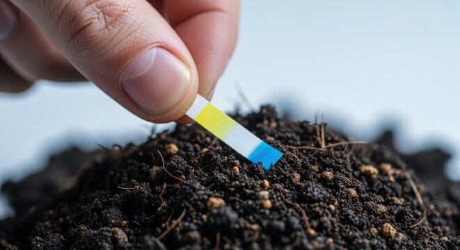 Soil testing with pH strip in ground and hand holding indicator for analysis. Soil contains nutrients measured with pH strip revealing acidity or alkalinity levels.