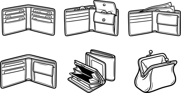 set of open wallet icons line art style illustration