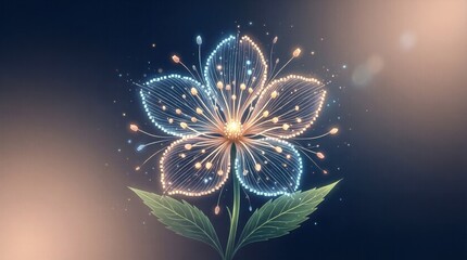 Fototapeta premium Stylized floral sketch glowing with leaves on dark backdrop