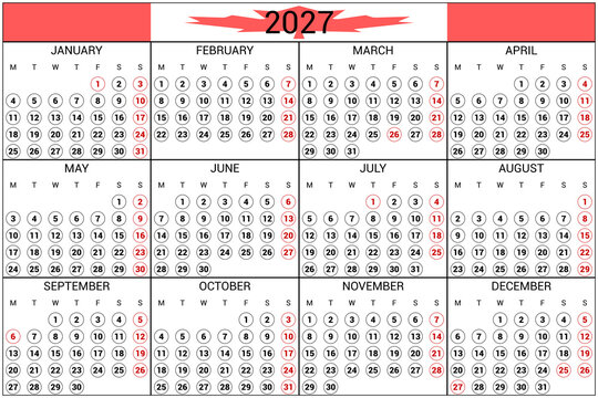 2027 Calendar Canada Holidays Native Language Horizontal High Res