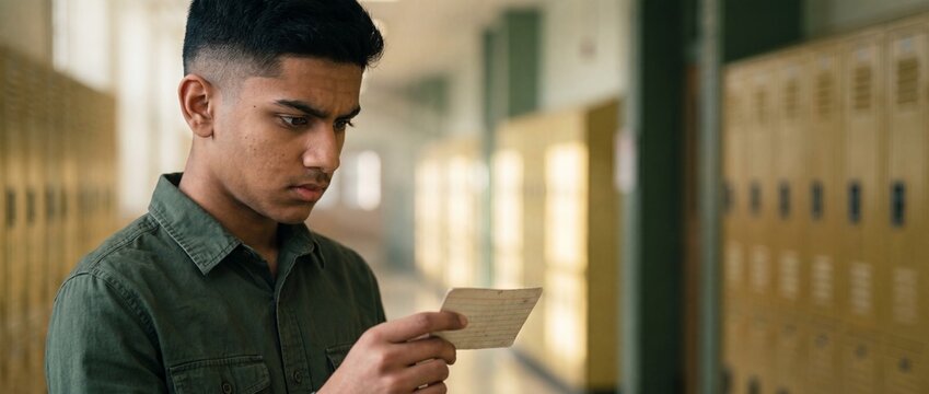 Male student studying flash card in school hallway. Indian teenager holding notes, preparing for exam test in high school corridor with lockers. Focused youth looking stressed while revising lessons.