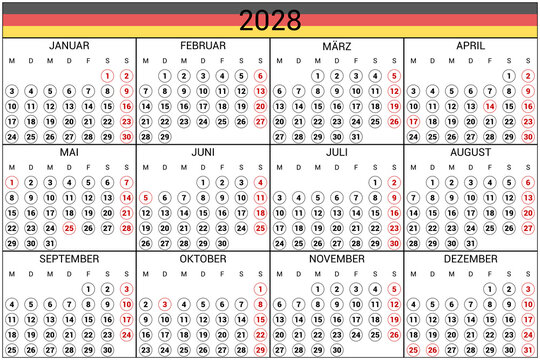 2028 Calendar Germany Holidays Native Language Horizontal High Res
