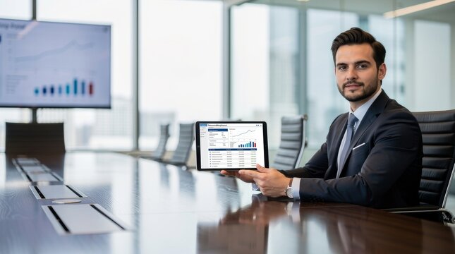 Businessman Presenting Financial Data on Tablet in Modern Office