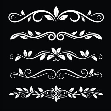 White floral ornaments and swirls on black background decorative vector design elements for borders