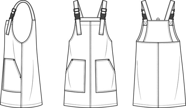 Fashion flat of a denim overall dress with pockets and buckle straps