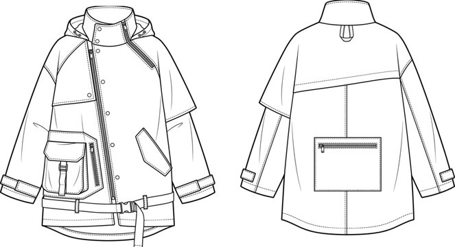 Fashion flat of a hooded jacket with multiple pockets