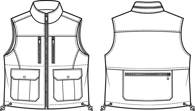 Front and back view of a black and white technical of a vest