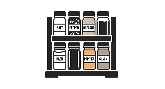 Spice rack with various seasoning jars on two shelves