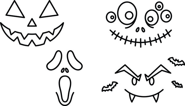 Spooky halloween scary faces outline stencil set with pumpkin ghost monster and vampire fangs vector illustration