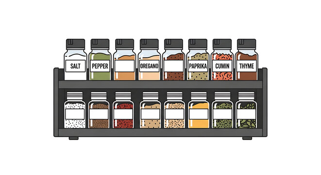 Vector illustration of a spice rack with various jars of herbs and seasonings