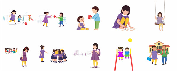 Fototapeta premium Diverse Flat Vector Illustration Set of Children Playing and Learning at School and Playground