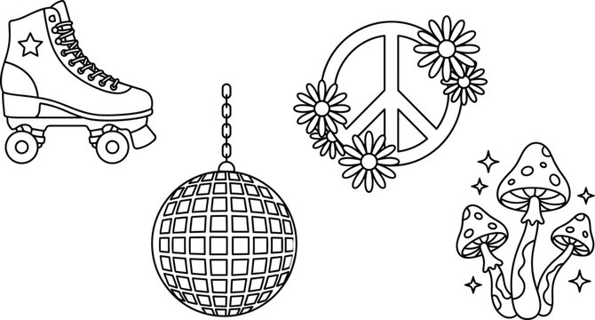 Retro groovy 70s line art set with roller skate disco ball peace sign and mushroom vector elements