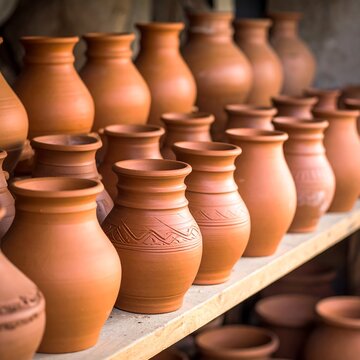 Handcrafted terracotta jugs on shelves