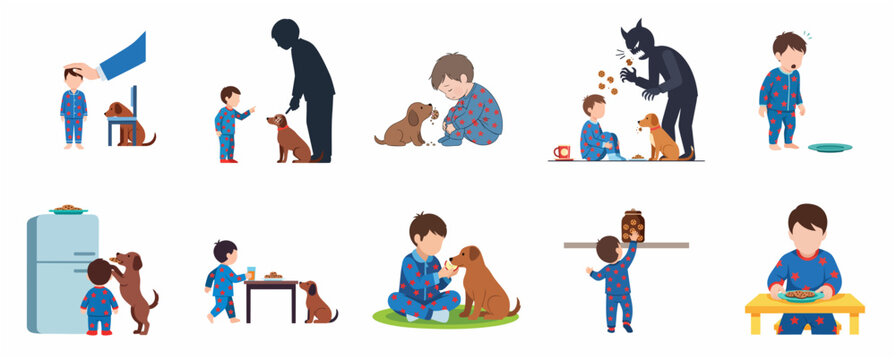 Set of flat vector illustrations featuring a young boy in pajamas and his pet dog in various food and monster related scenarios