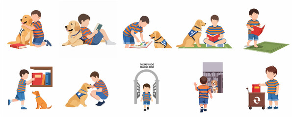 Fototapeta premium Set of flat vector illustrations featuring a boy and a therapy dog in a library, promoting literacy, childhood education, and animal-assisted therapy programs.
