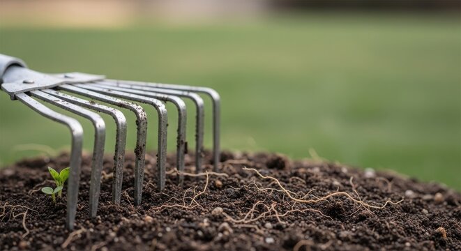 Gardening tool resting on soil with roots and grass in background. Rake indicates preparation for planting seeds, nurturing growth in healthy garden. Concept gardening and landscape design.