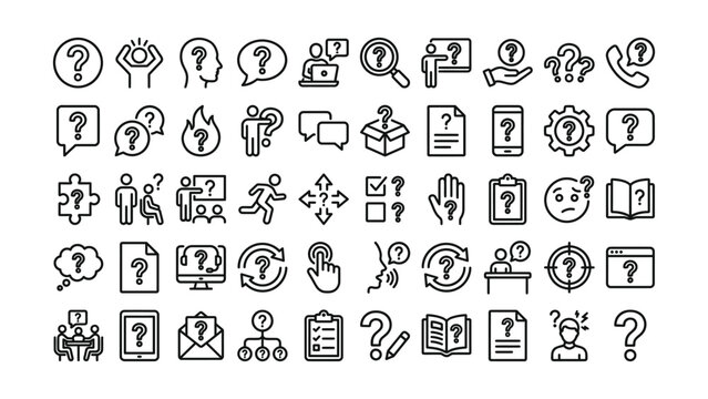 Collection of line icons depicting various symbols and objects related to questions communication and problemsolving in a simple style