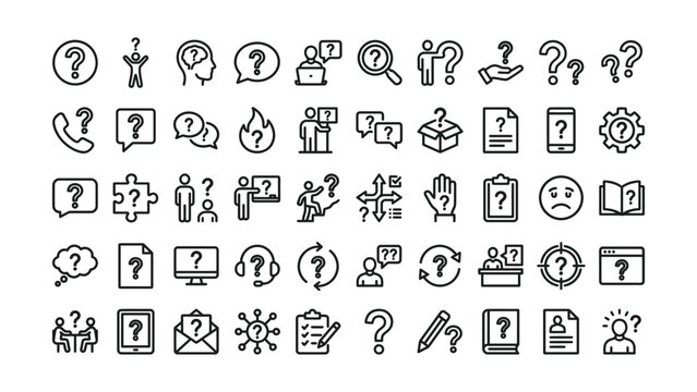 Collection of line icons depicting confusion and questions in various situations  people thinking and communication problems