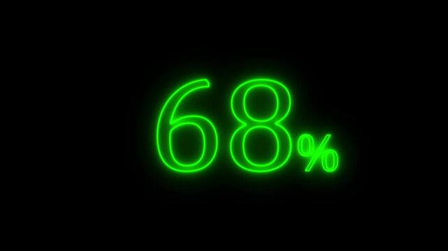 glowing neon 68% text neon animation. Neon number with alpha channel. colorful Green   animation on a black background.