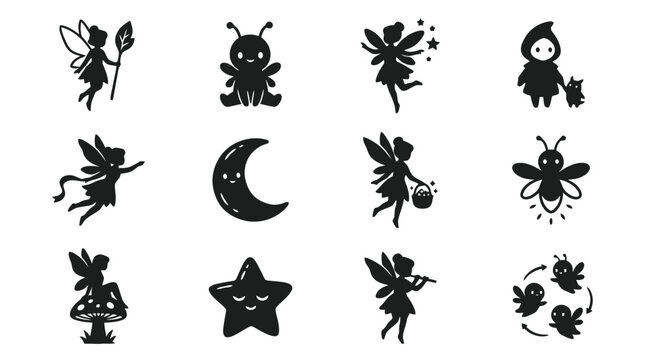 Black silhouette illustrations of fairies and insects.