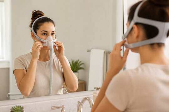 A woman is using a nasal cannula while another person assists her in a bright indoor setting.
