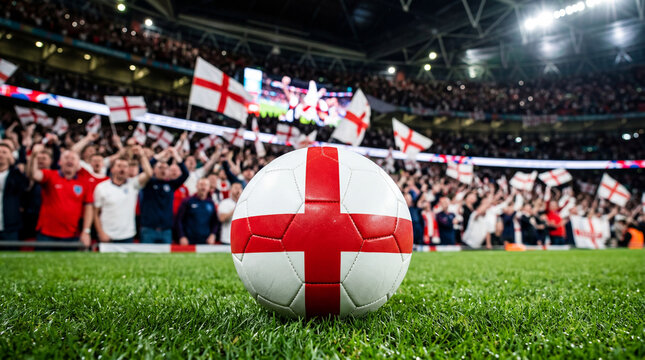 Soccer ball featuring the England flag on a soccer field with fans in the background