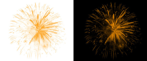Obraz premium Golden firework burst isolated on white and black backgrounds, sparkling yellow pyrotechnic explosion, festive firework display for celebration design