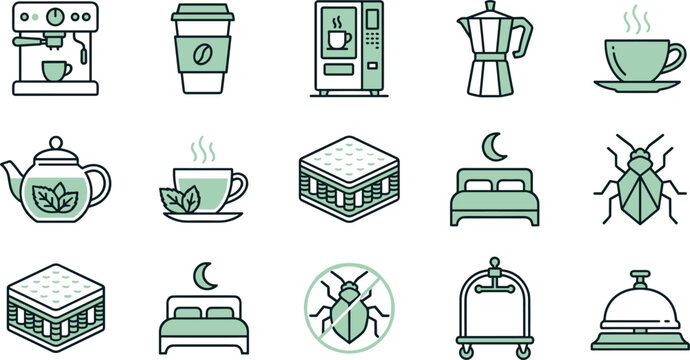 Coffee, Tea, Bedding, and Hotel Amenities Icon Set for Hospitality, Beverage Menus, Digital Apps, and Bed Bug Warning Graphics