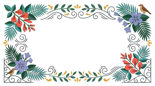 Elegant floral border frame with botanical ornaments and birds vintage wrought iron scrollwork vector template. Buenos Aires illustration