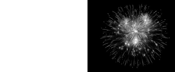 Fototapeta premium Monochrome fireworks explosion on black background, white pyrotechnic burst with light trails, festive firework display for celebration