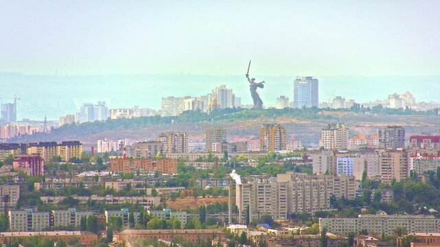 Monumental Motherland Calls statue standing over the city of Volgograd, Russia, on a hazy day
