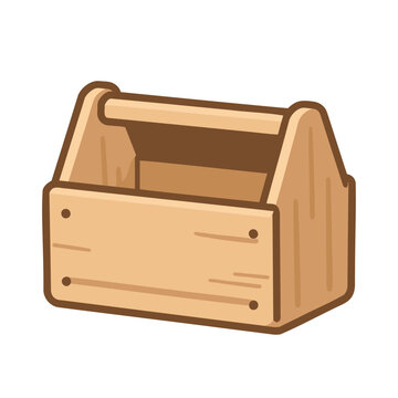 Cartoon style illustration of a light brown empty wooden toolbox with handle