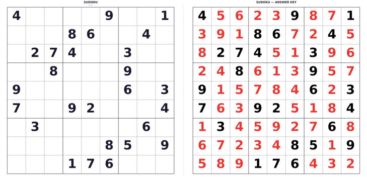 Summer Sudoku for Children. Hard 9x9 Grid Printable Puzzle and Solution. Educational Activity Sheet for Students and Teachers