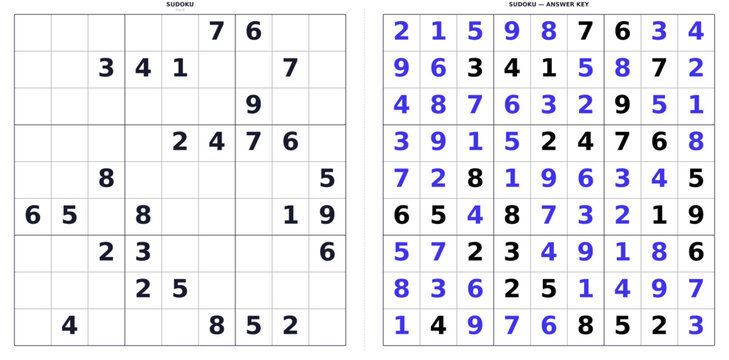 Summer Sudoku Learning Activity. Printable Puzzle and Answer Sheet for Kids, Students, and Teachers