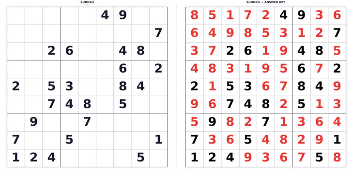 Summer Sudoku Vector. Printable Hard Difficulty Puzzle and Solution. Educational Activity for Kids, Students, Teachers