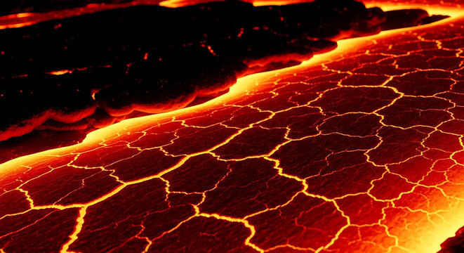 Molten lava flow with cracked cooling crust texture