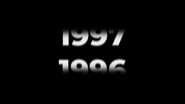 Reverse 36 year counter animation scrolling back from 2026 to 1990. White 3D text on black background. Going back in time flashback and history timeline motion graphics concept.