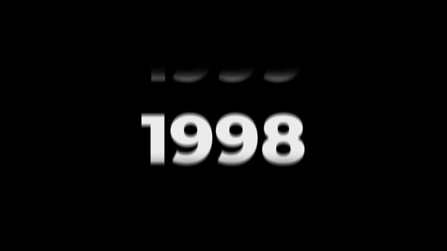 Reverse 34 year counter animation scrolling back from 2026 to 1992. White 3D text on black background. Going back in time flashback and history timeline motion graphics concept.