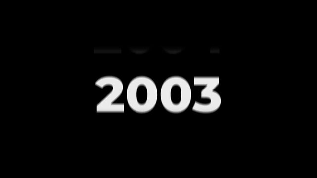 Reverse 28 year counter animation scrolling back from 2026 to 1998. White 3D text on black background. Going back in time flashback and history timeline motion graphics concept.