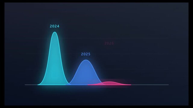 Dynamic statistical data analysis with multiple glowing bell curves over time on a dark negative space background, visualizing probability and trends