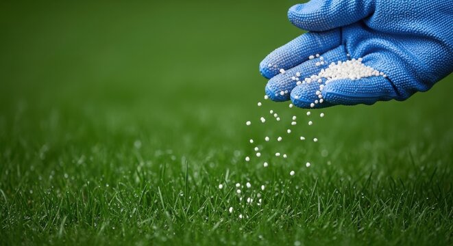 Hand spreading fertilizer on green grass for healthy lawn care. Application of fertilizer includes round white granules for nutrient boost, enhancing grass growth and color.