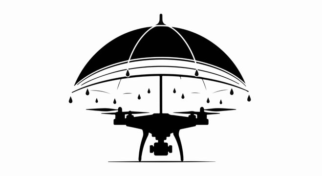 Drone protected by umbrella from falling raindrops, symbolizing safety and security in technology.