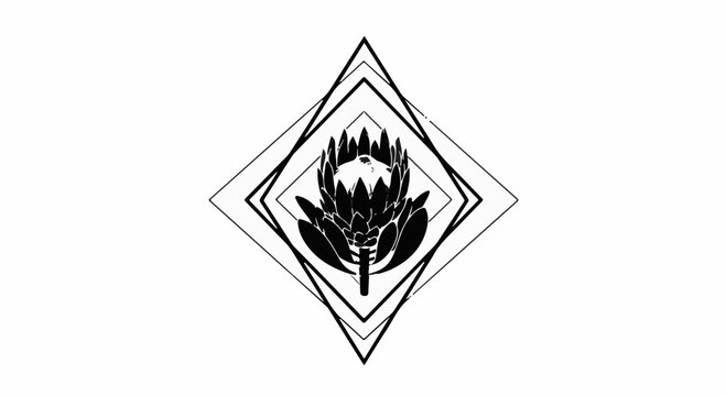 Elegant geometric frame encircles a striking king protea flower in black and white.