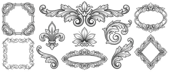 Vintage Baroque Ornament Set Vector Template with Fleur de Lis Scroll Frame Corner Border Engraving Elegant Antique Heraldic Design White Background  © Salam Studio