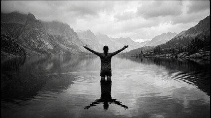 Fototapeta premium Person Embracing Nature by Serene Lake