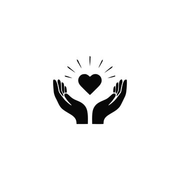Black of two cupped hands holding a heart with radiating light lines, representing love, health, or care, isolated on a white background