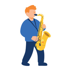 Fototapeta premium Man with orange hair plays the saxophone in a blue sweater and dark blue pants