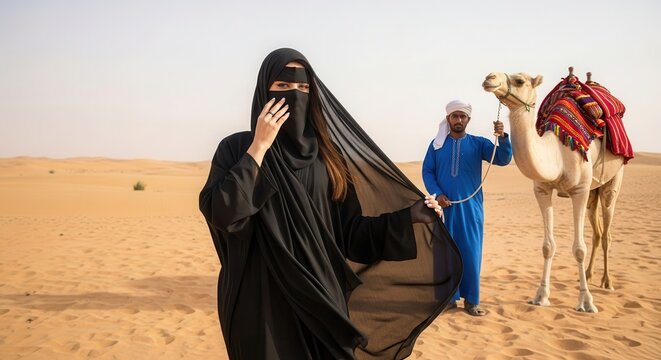 Woman in black abaya and niqab in desert with man and camel. Vast sand dunes under clear sky.
