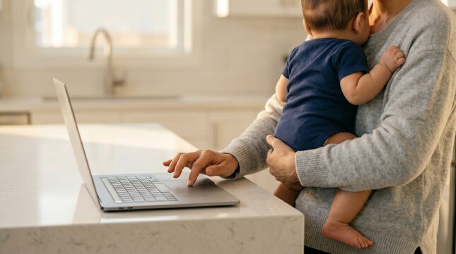 Working mother holding her baby while multitasking on laptop at home.