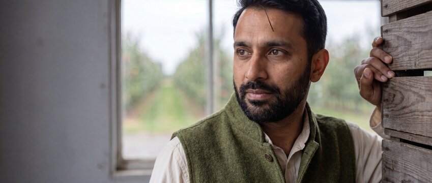 Indian farmer man looking thoughtful standing by wooden barn window overlooking green orchard. Contemplative South Asian male worker in wool vest thinking about agricultural farming and crop season.